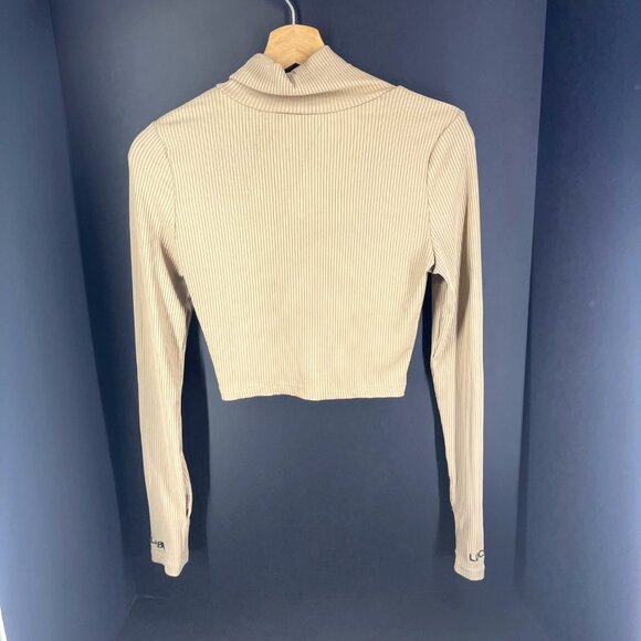 Beige Ribbed Zip-Up Long Sleeve Crop Top With "Lucky" Cuffs - M - Picture 3 of 7